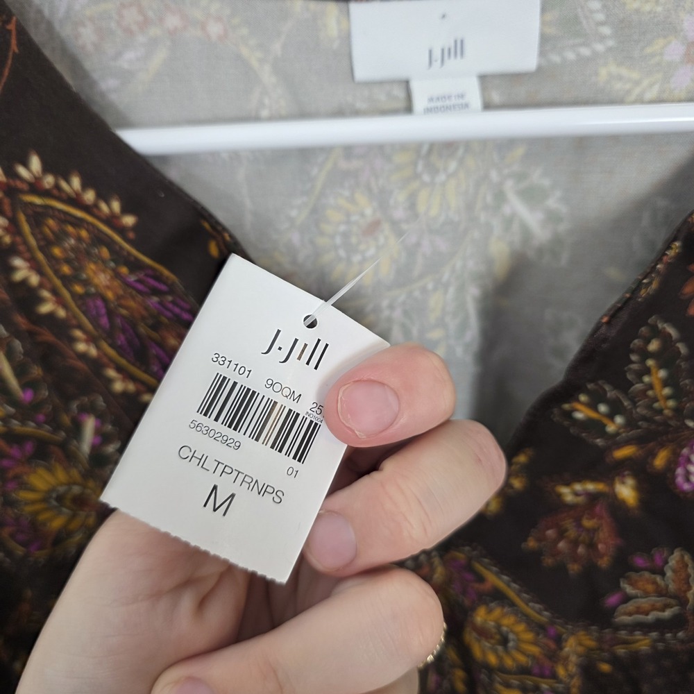 J. Jill Brown Floral Paisley Smocked Waist Boho Modest Cottage Midi Dress Size M - Picture 8 of 13